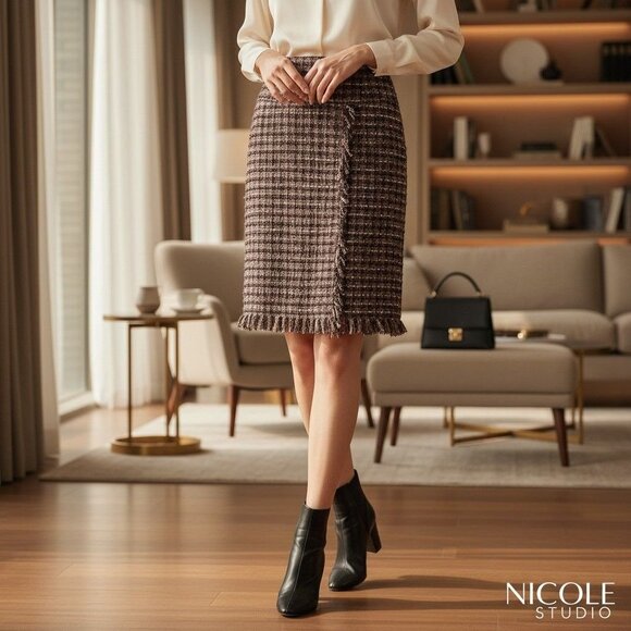 Nicole Studio Dresses & Skirts - Nicole Studio Tweed Fringe Pencil Skirt Size 10 Multicolor Acrylic Polyester Ble